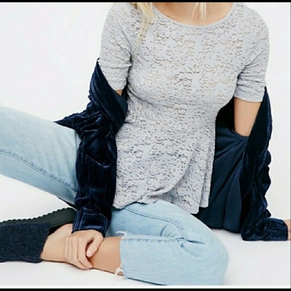 Free People Silver Lace Peplum Blouse Top Large - Picture 6 of 6